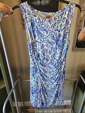 Tory Burch 100% Silk Blue Floral Cinch Waist Dress Size XL